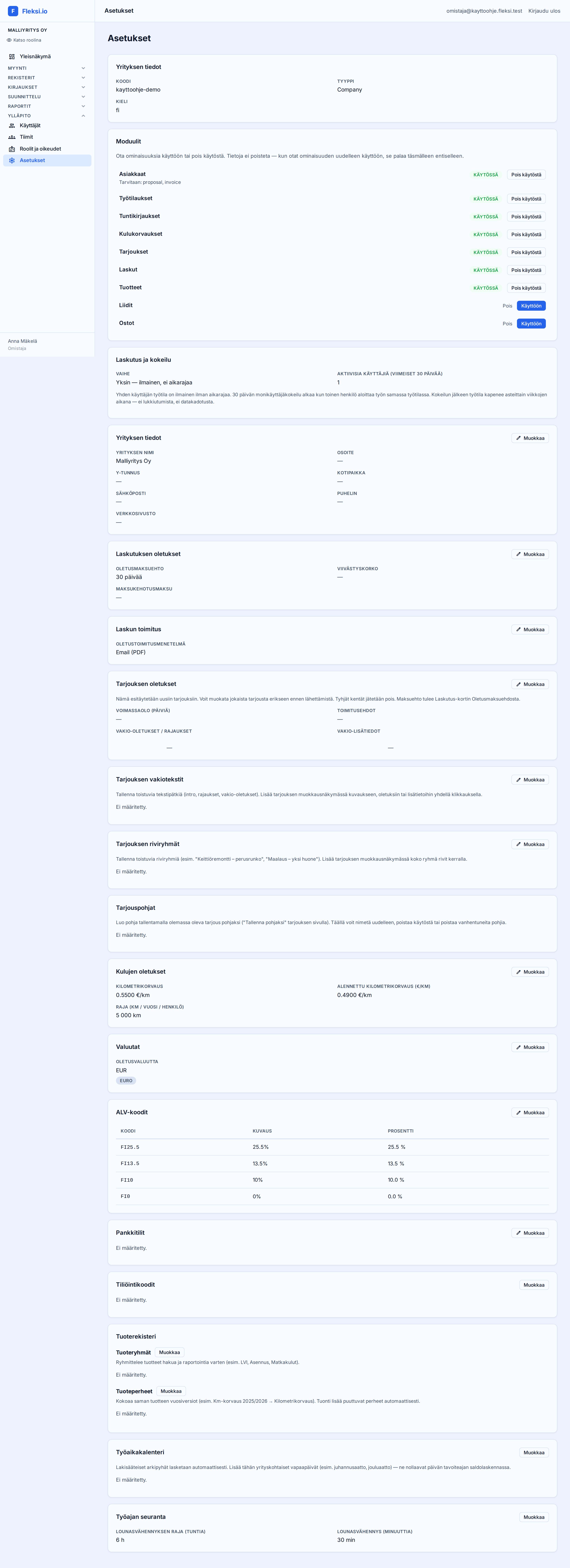 Asetukset. Kaikki työtilan asetukset yhdellä sivulla osioittain — moduulit, laskutus, tarjoukset, integraatiot.