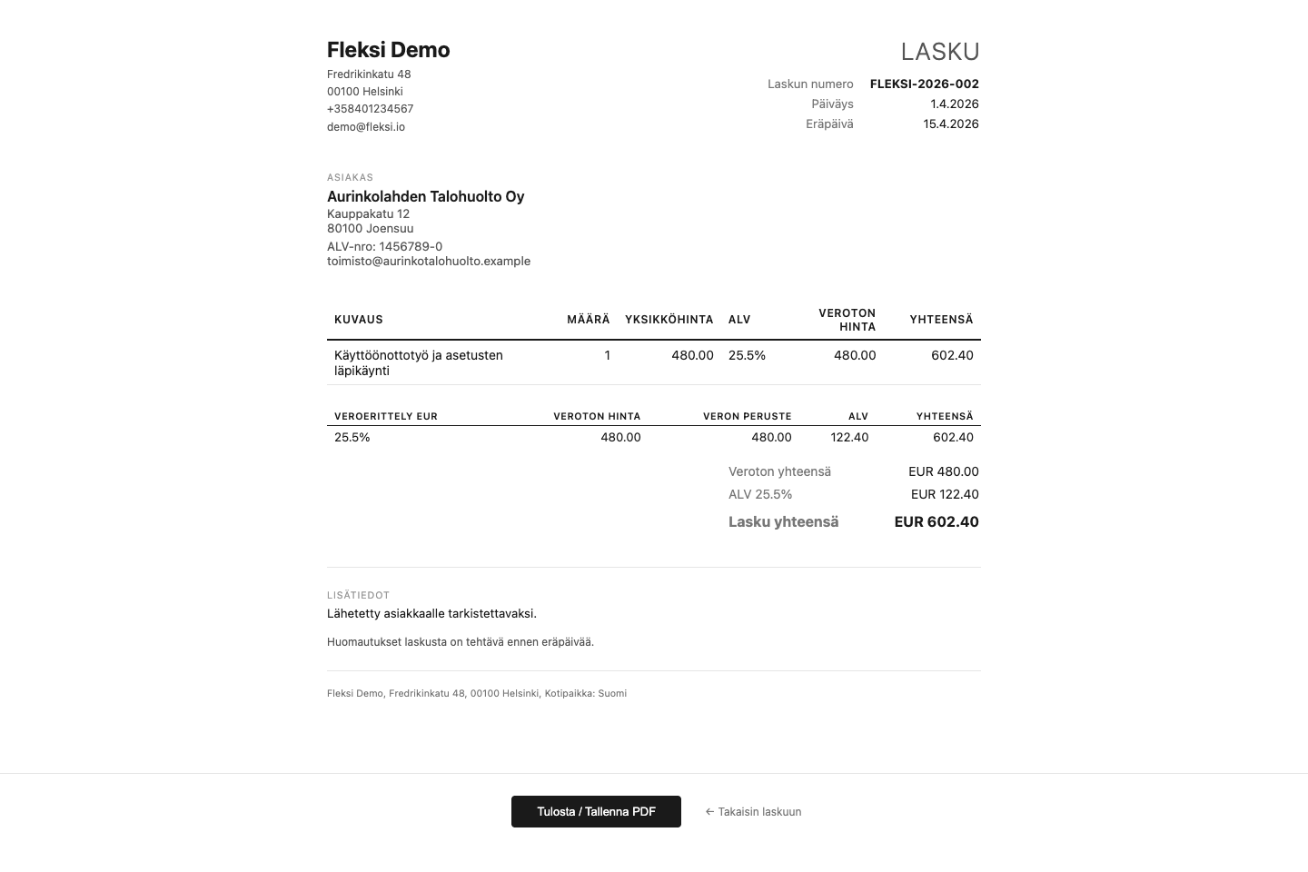Tulostettava lasku Fleksissä